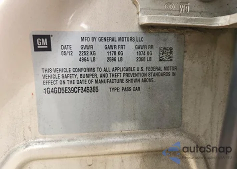 2012 Buick Lacrosse Premium из США, поврежденный, VIN 1G4GD5E39CF345365